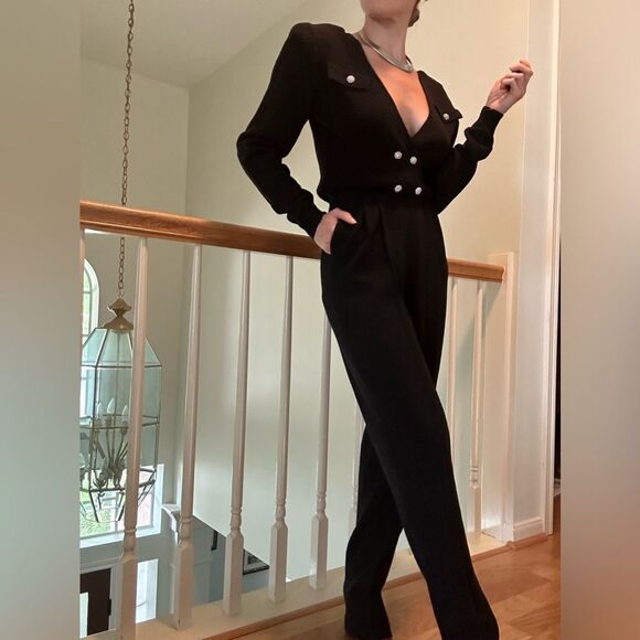 VINTAGE PAT SANDLER Sakowitz Black Knit Jumpsuit Sz 6 Mob Wife 70s 80s Cocktail - Picture 2 of 16